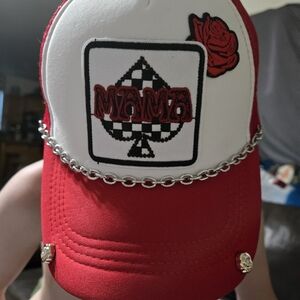 Red and White 'MAMA' Trucker Hat with Chain Detail